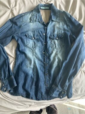 Maurices Light Blue Denim Shirt with Striped Lining